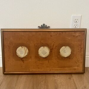 Vintage Antique Gold Gilt Wood Frame With Velvet Fabric, 3 Round Openings 24x13”